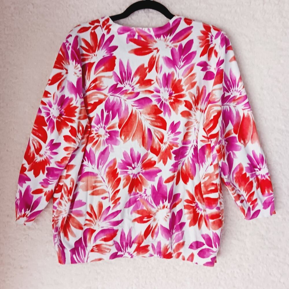 Sweater Cardigan Alfred Dunner MOP Sequin Bead Pink Orange Floral Button Size XL - Picture 2 of 9